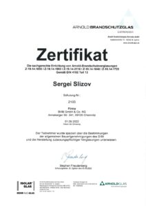 Zertifikat Brandschutzverglasungen (Arnold Brandschutzglas) – Sergei Slizov, 2022
