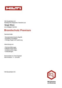 Zertifikat Brandschutz Premium (Hilti) – Sergei Slizov, 2022