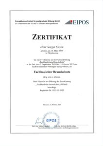 Zertifikat Fachbauleiter Brandschutz (EIPOS) – Sergei Slizov, 2025